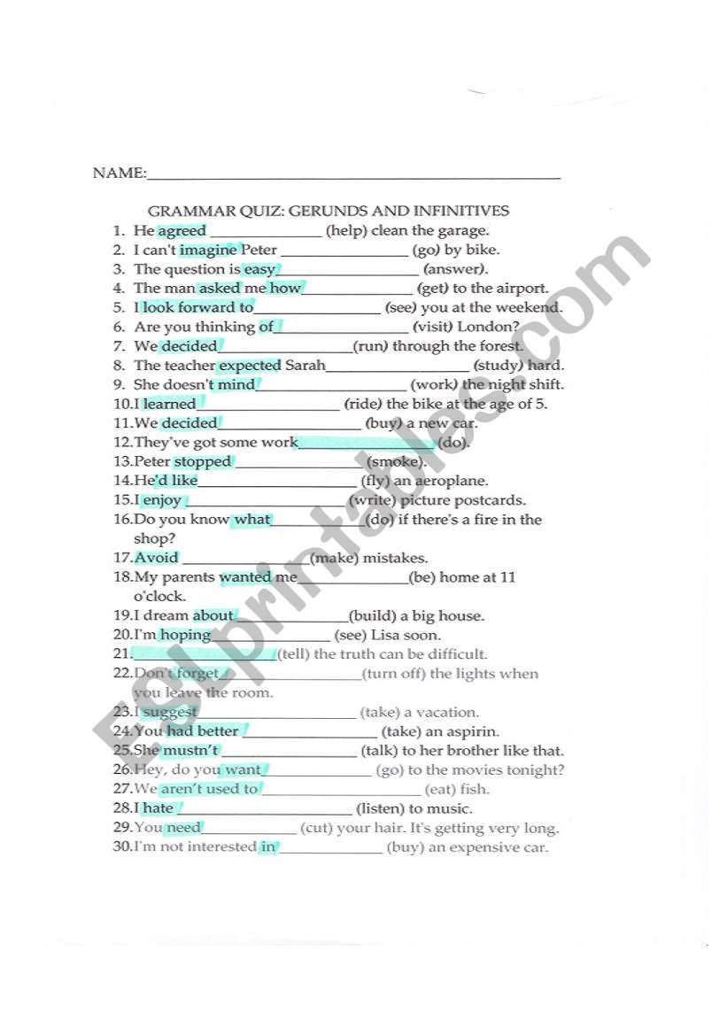 gerunds and infinitives worksheet