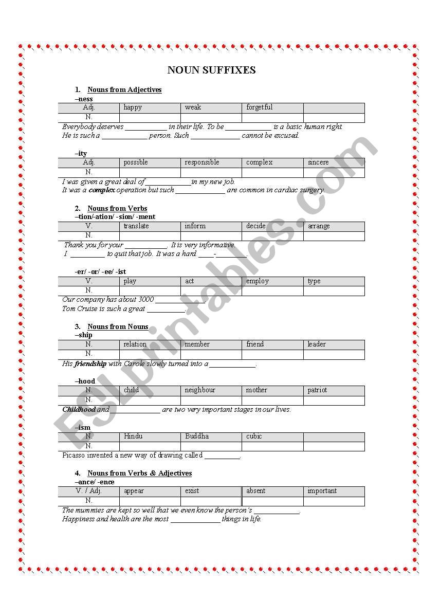 Noun suffixes worksheet