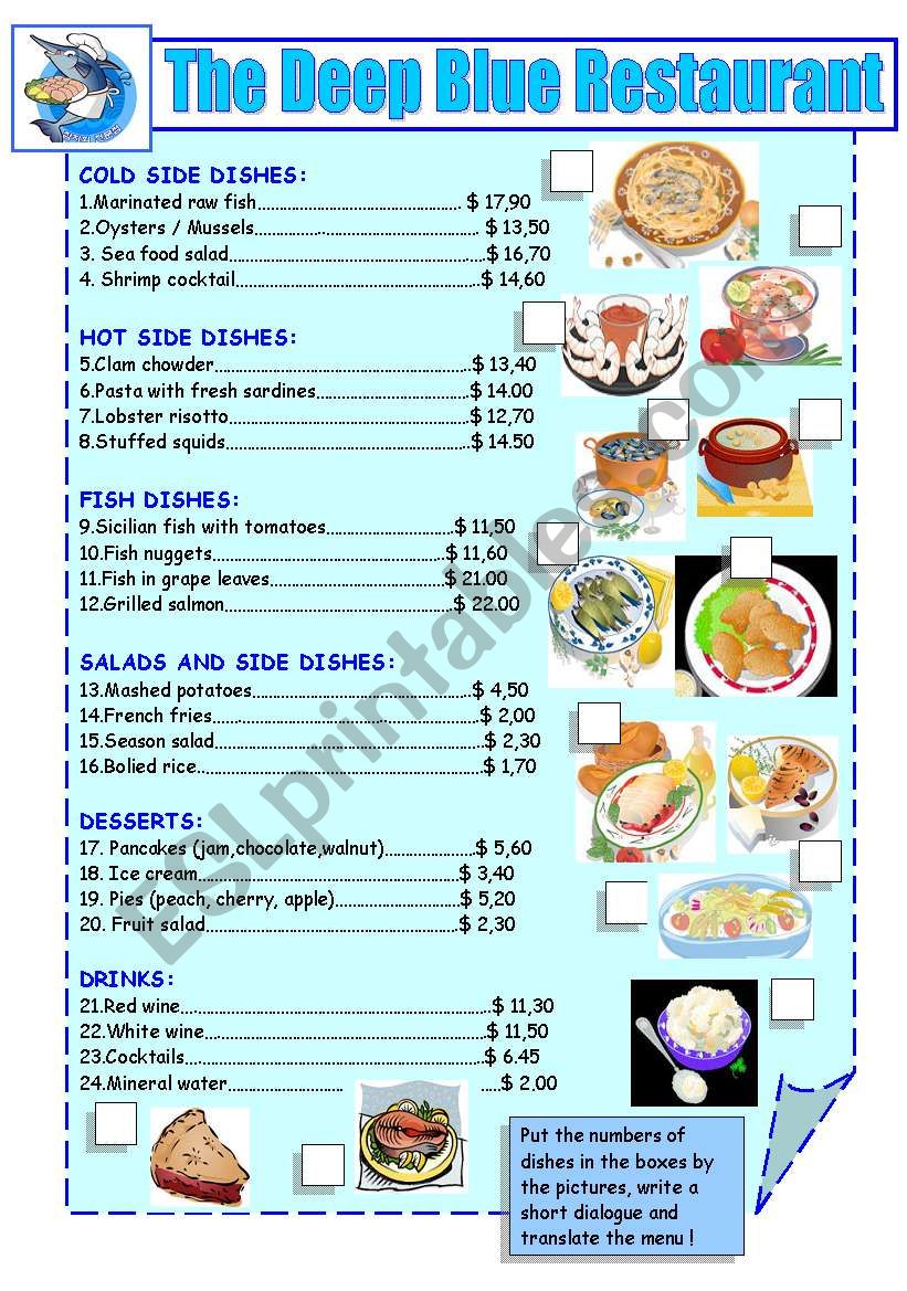 sea food and fish restaurant menu