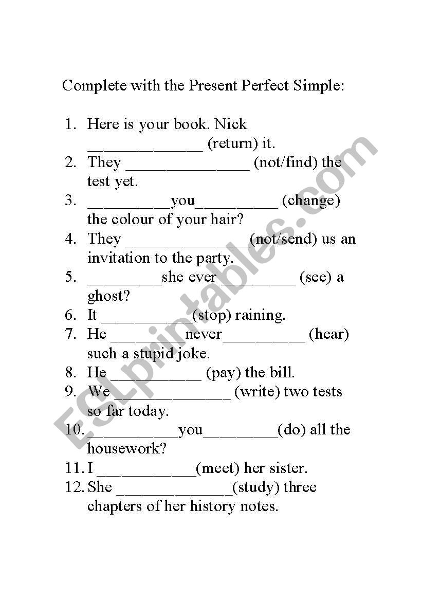 present perfect simple worksheet