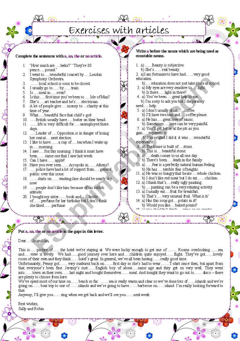 articles worksheet