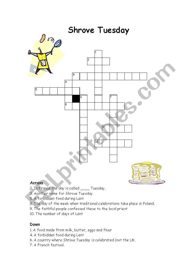 Shrove Tuesday Crossword worksheet