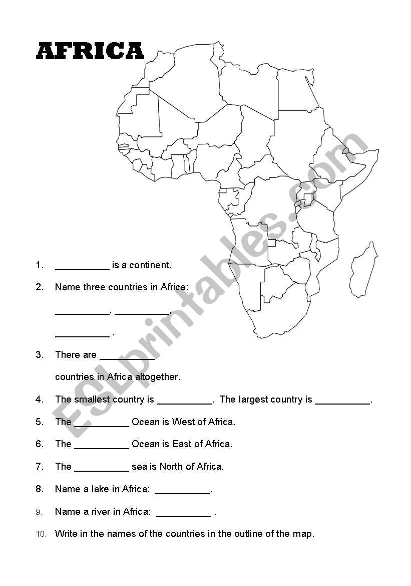 A Map of Africa worksheet