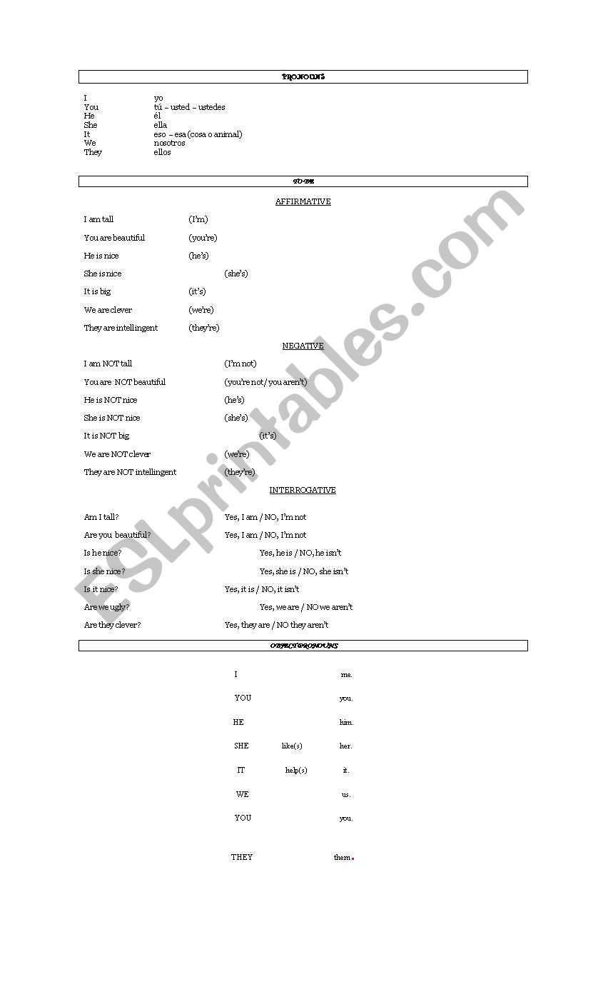 pronouns, to be worksheet