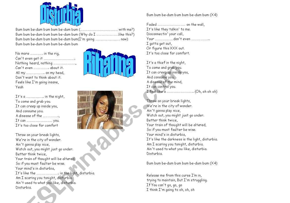 Disturbia   Rihanna worksheet