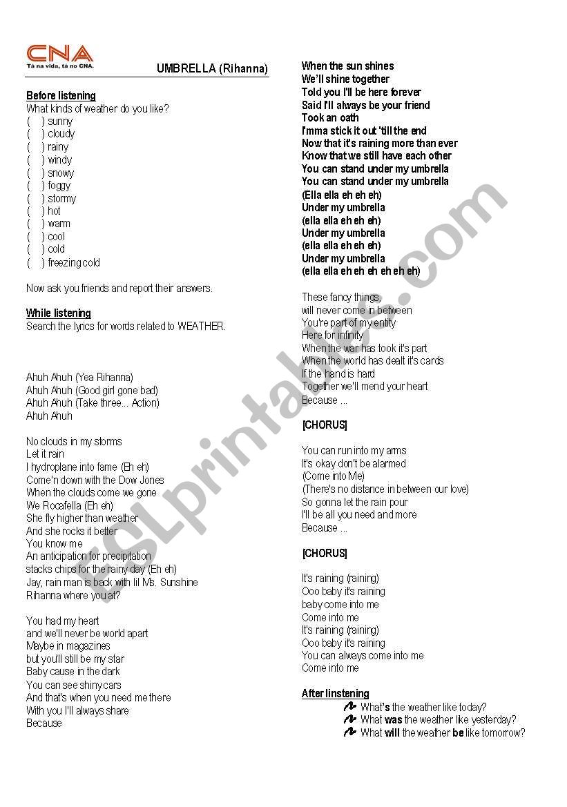 Umbrella worksheet