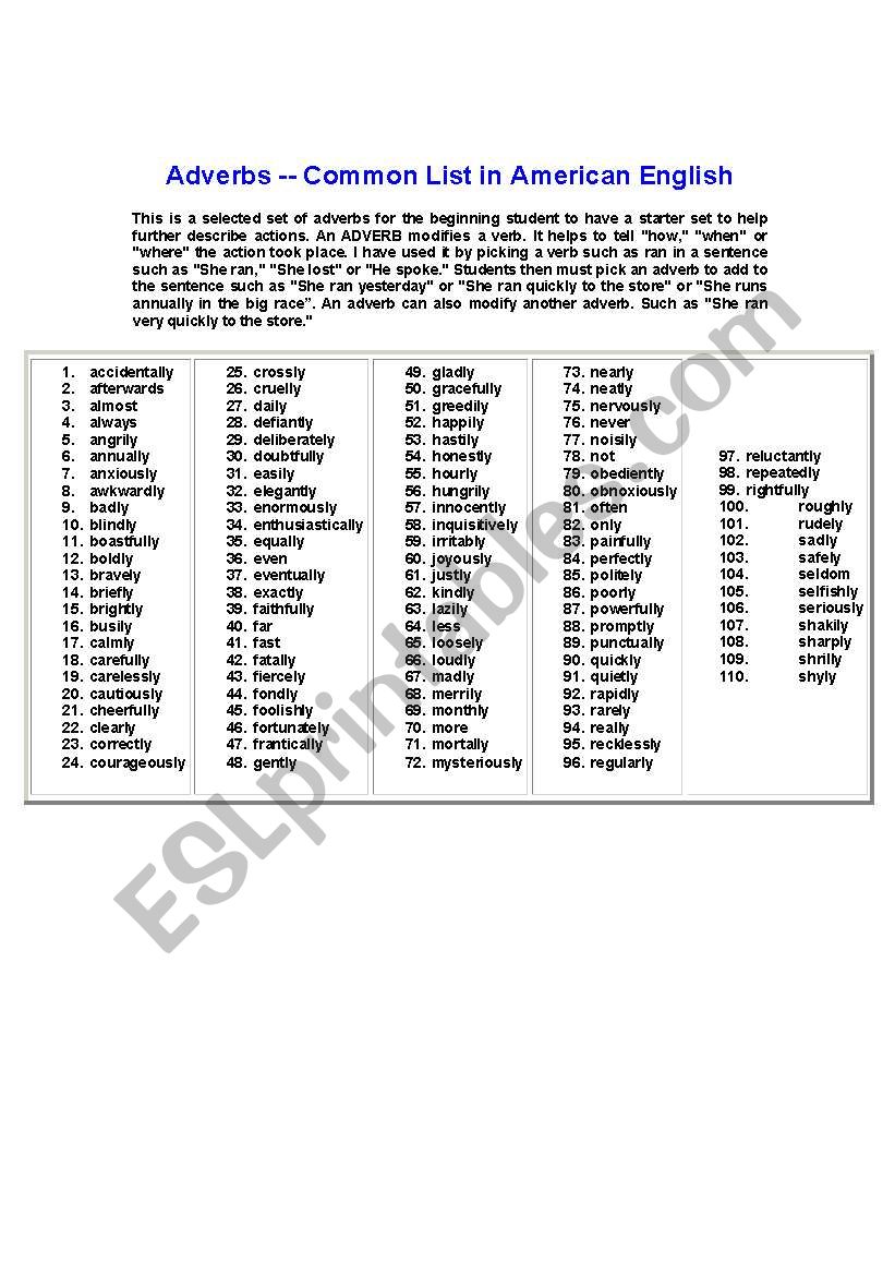 Adverbs worksheet