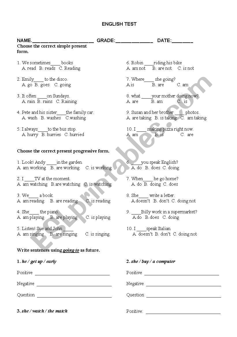 English Test worksheet