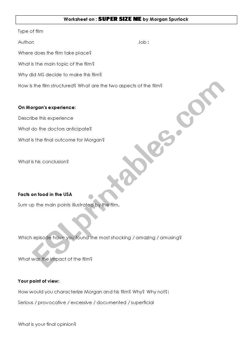 Super Size Me : worksheet for a conversation class