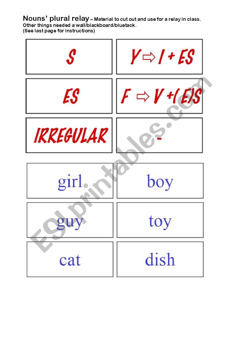 Nouns Plural - Cards for a relay game (4 pages)