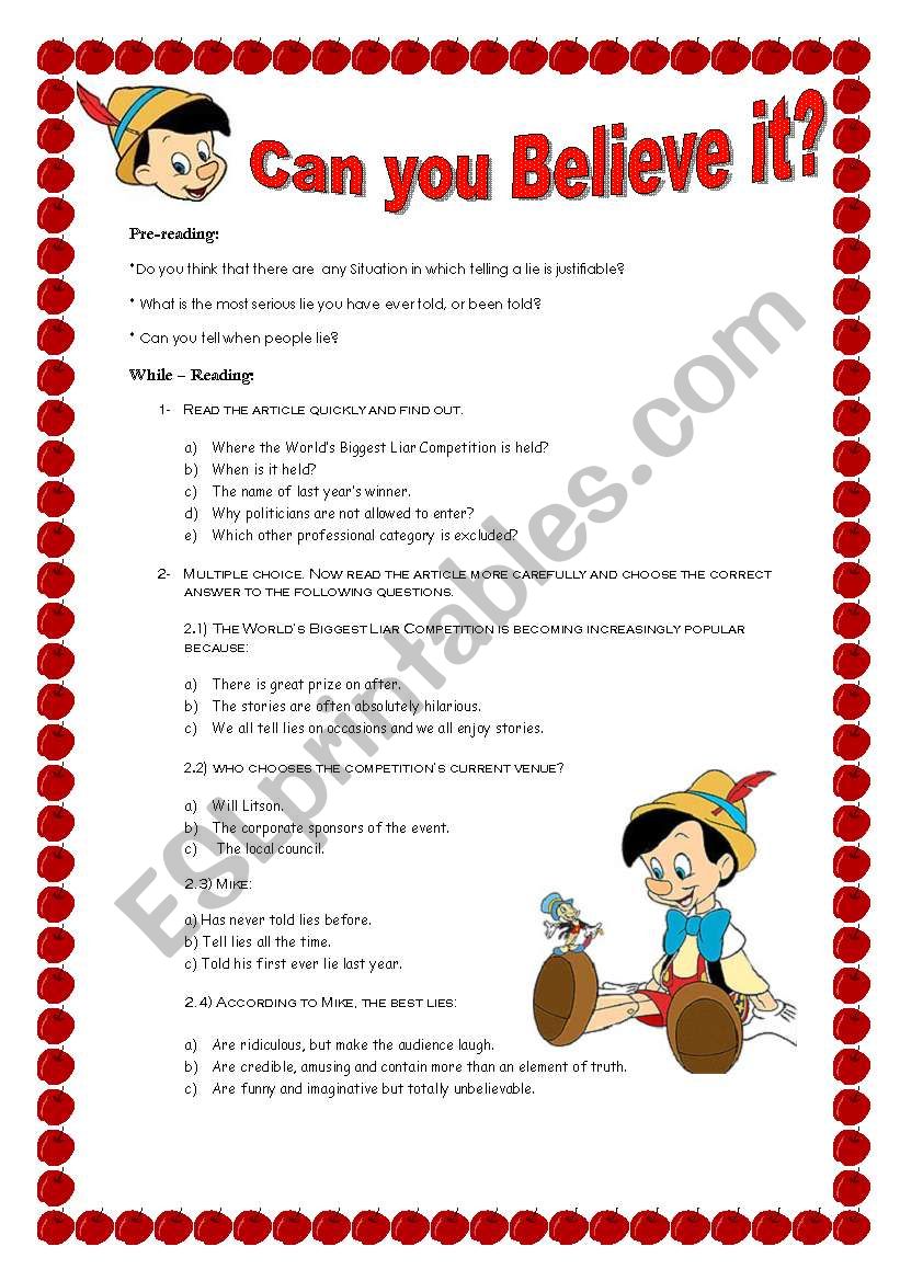 The WorldÂ´s Biggest Liar (Activities about the article) With Answer key!