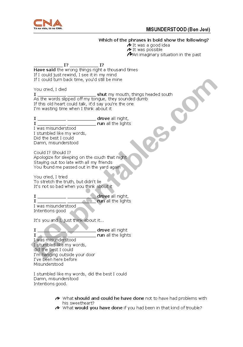 Misunderstood (by Bon Jovi) worksheet