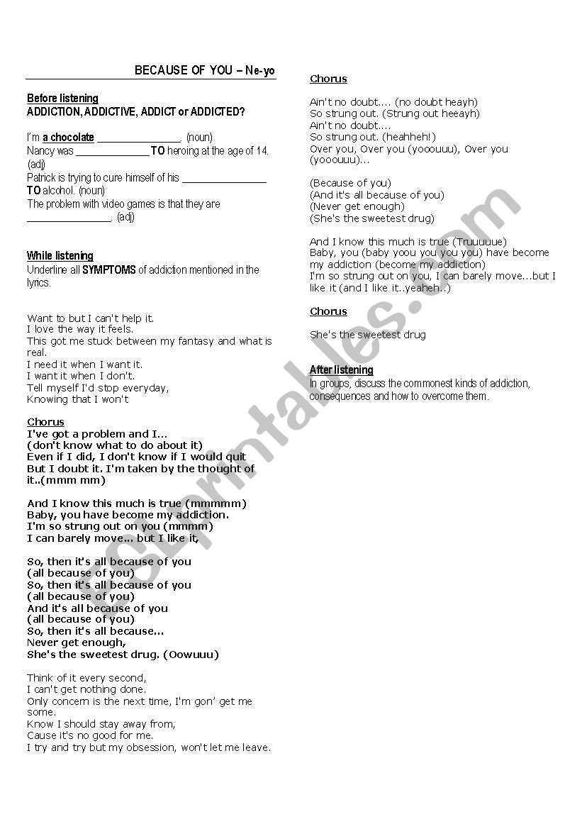 Because of you (by Ne Yo) worksheet