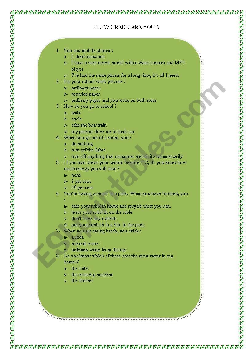 How green are you ? worksheet