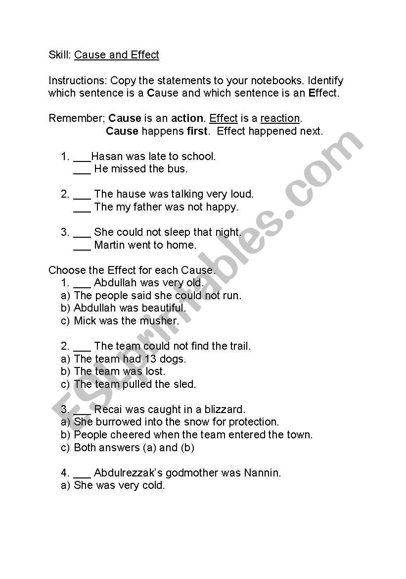 cause and effect worksheet