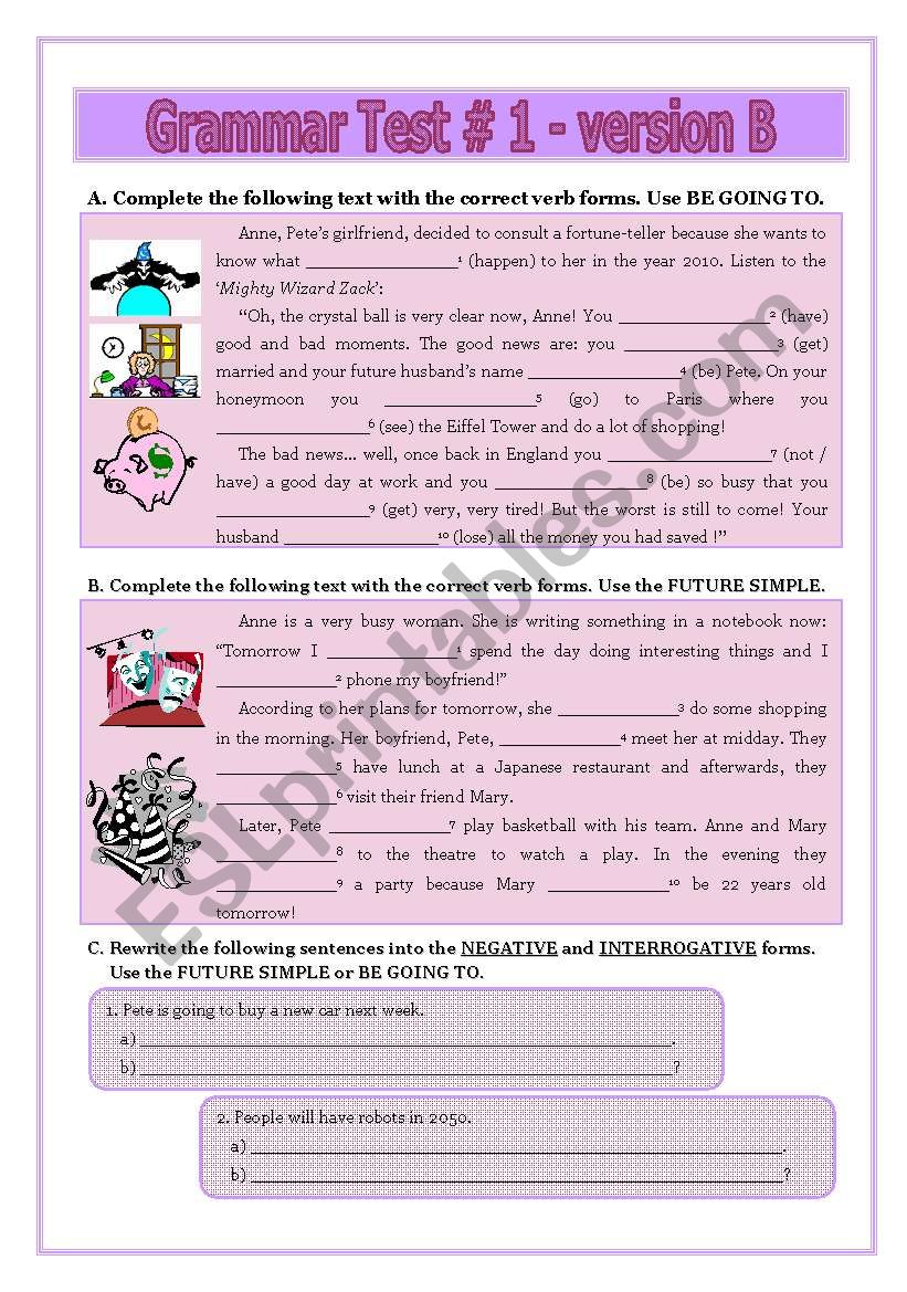 Grammar Test # 1 - version B worksheet