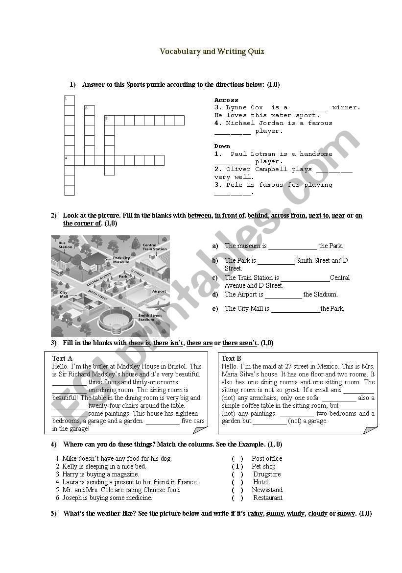 Vocabulary and Writing Quiz worksheet