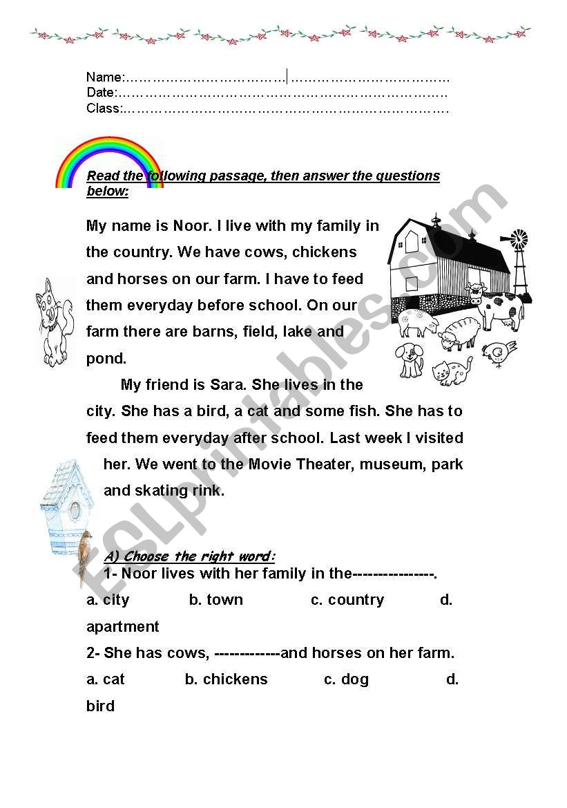 Reading for elementary worksheet