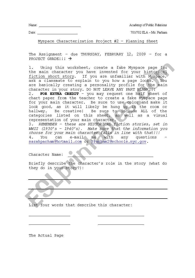 Myspace Characterization Project Prep Sheet