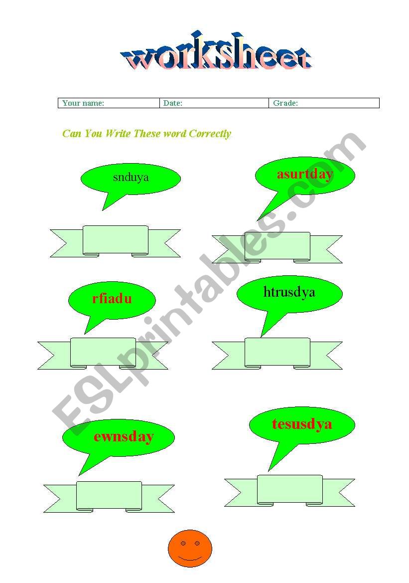 days of week worksheet