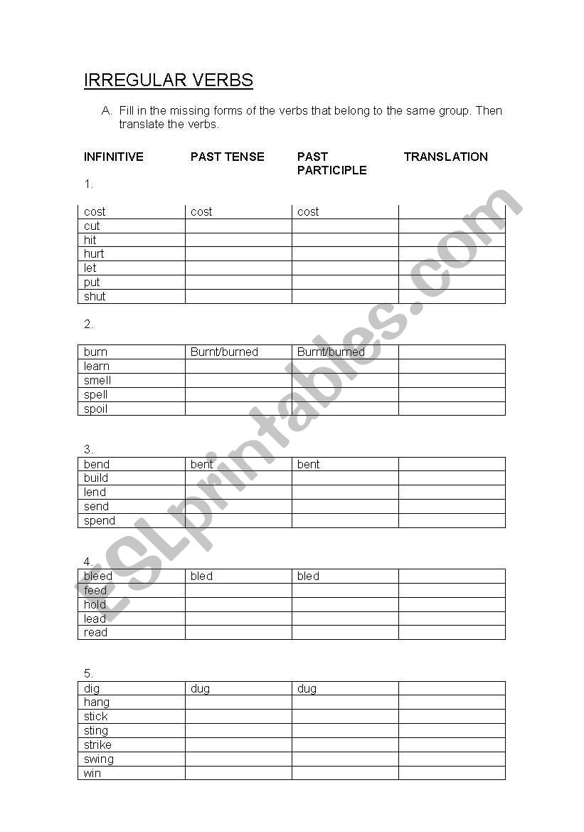 Irregular verbs  worksheet