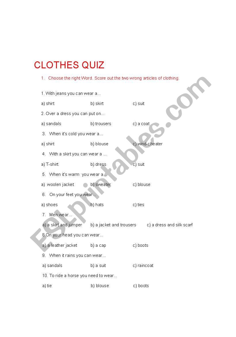 Clothes quiz worksheet