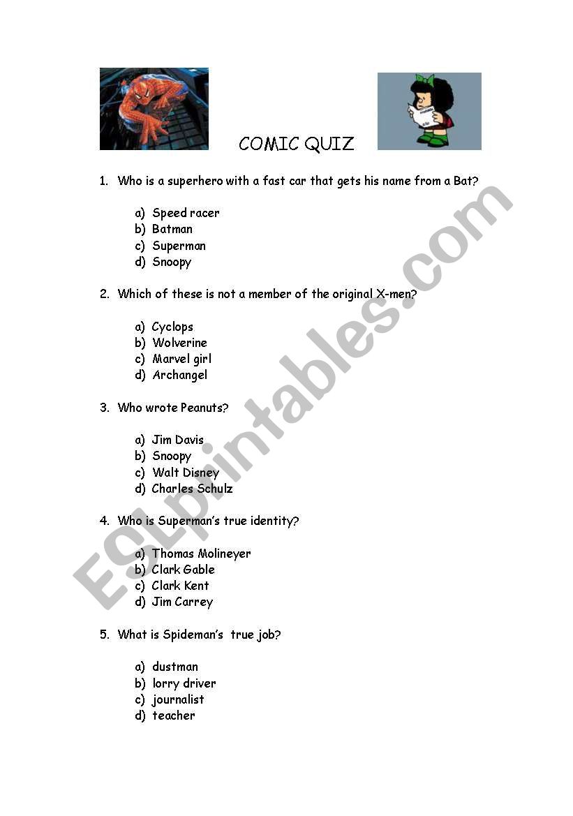 Comic quiz worksheet