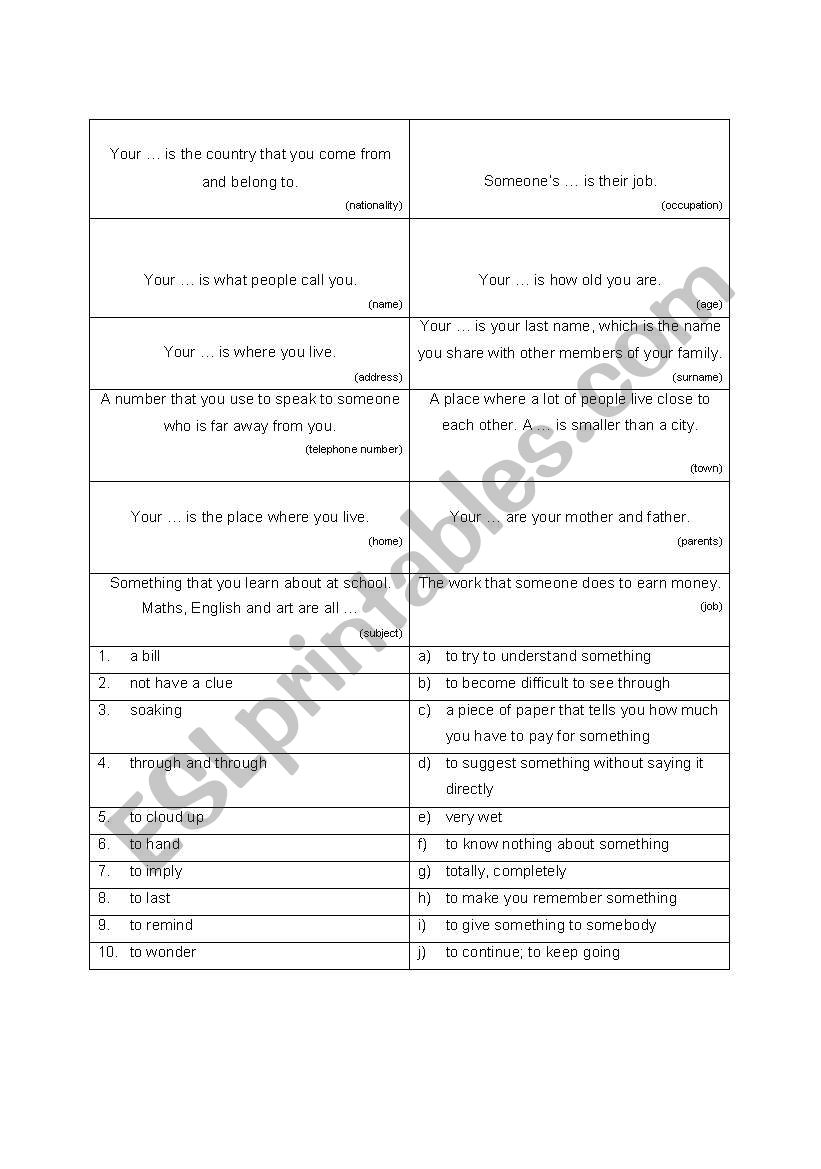 word cards 2 - job worksheet