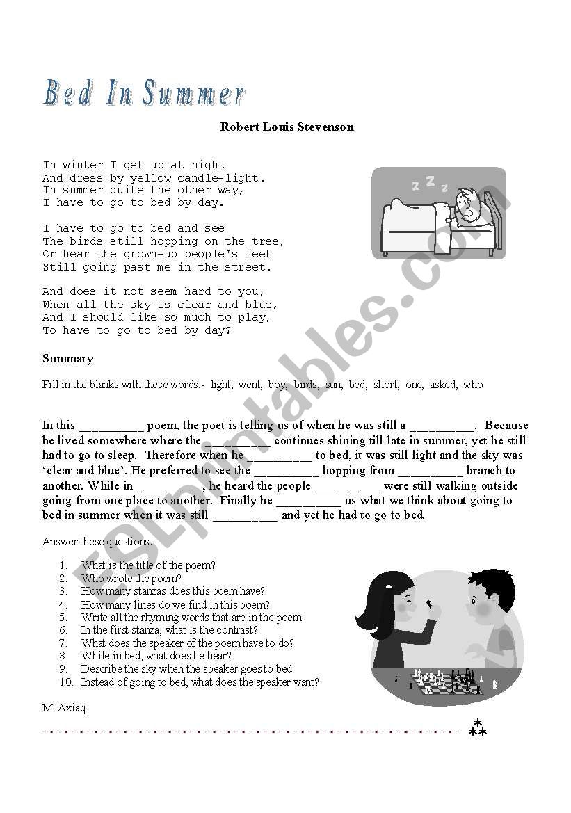 Poem - Bed in summer worksheet