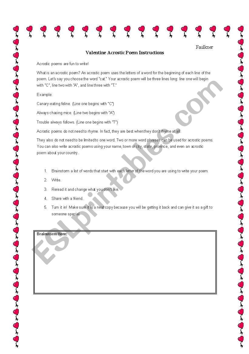 English Worksheets Valentine S Day Acrostic Poetry Adaptable To Any Holiday