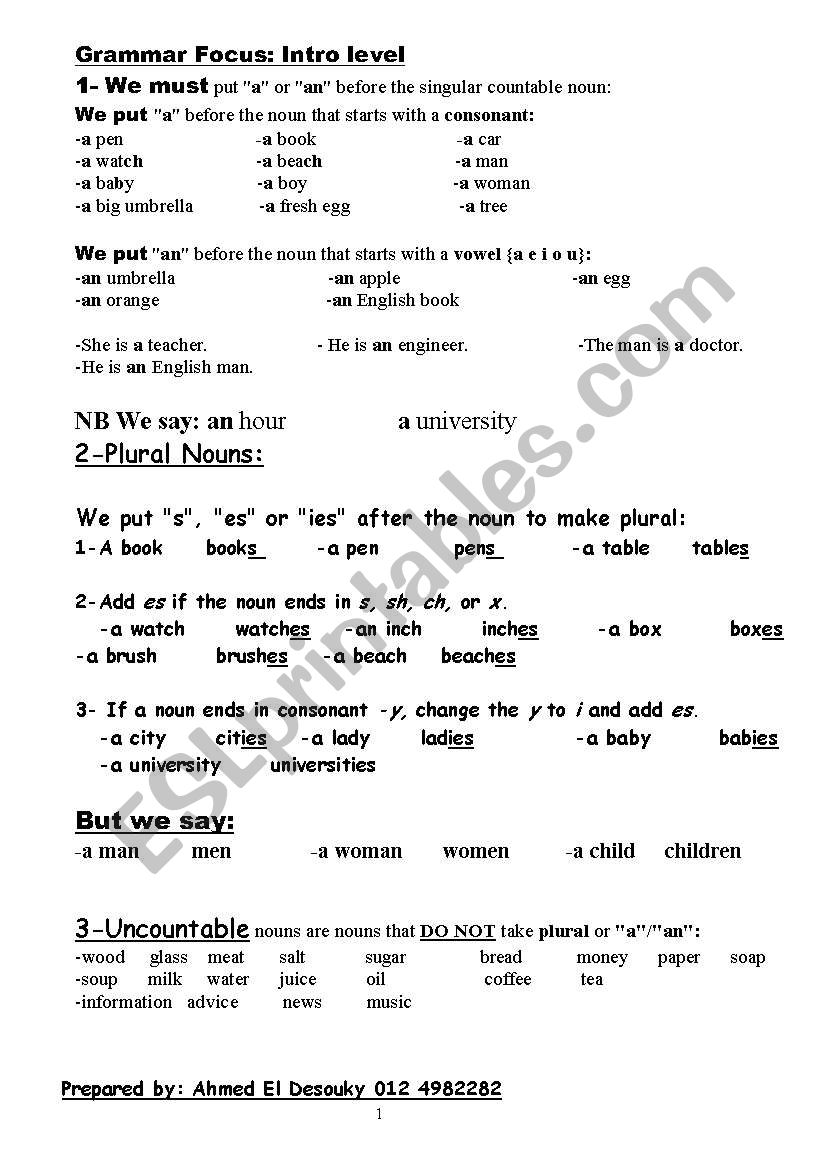 Basic English Grammar Worksheet