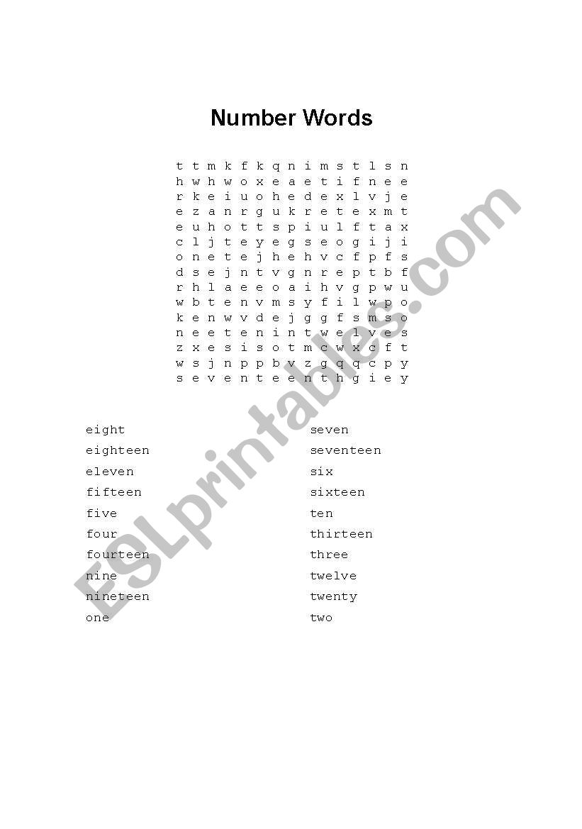 Number Words Word Search worksheet