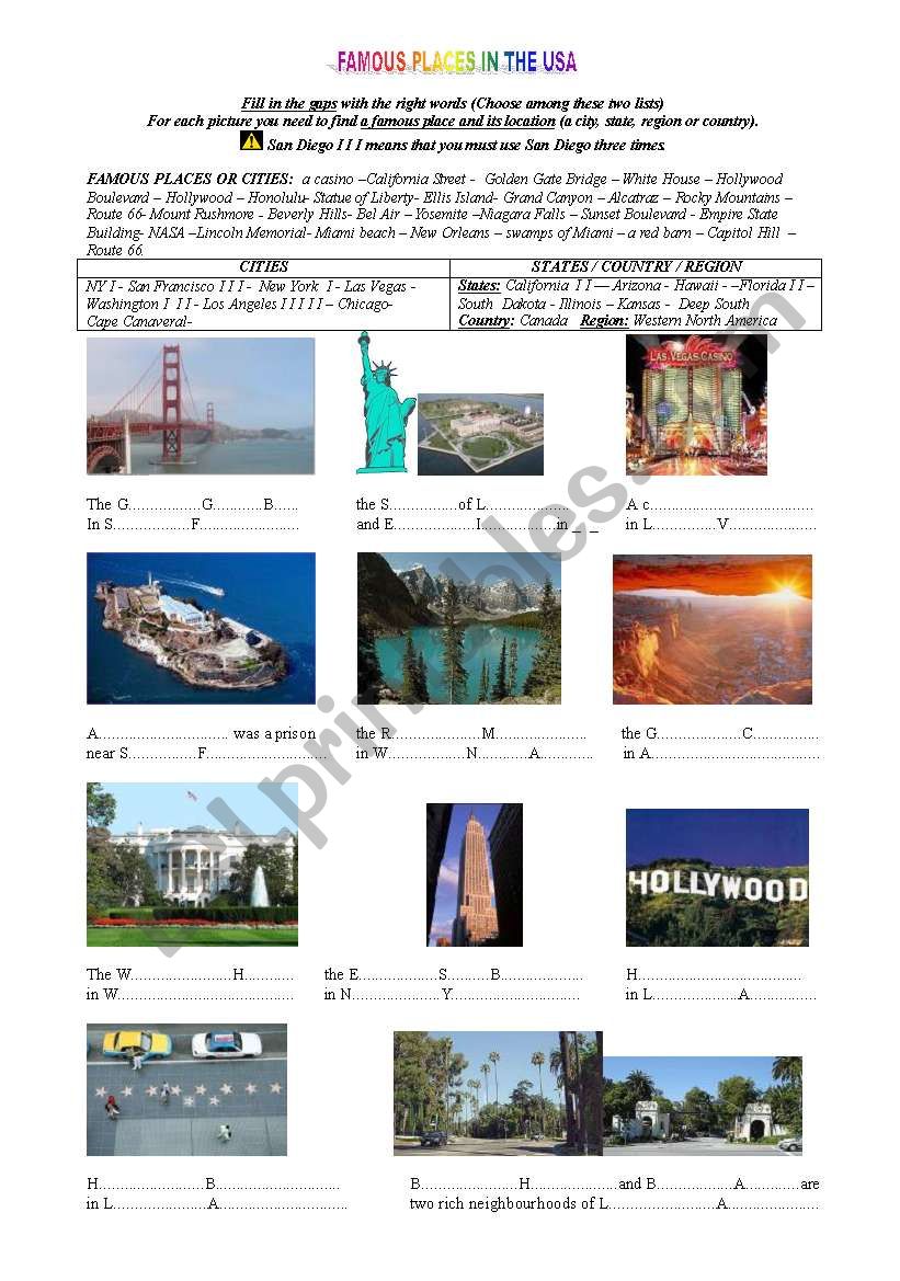 USA PART 2 (FAMOUS PLACES) worksheet