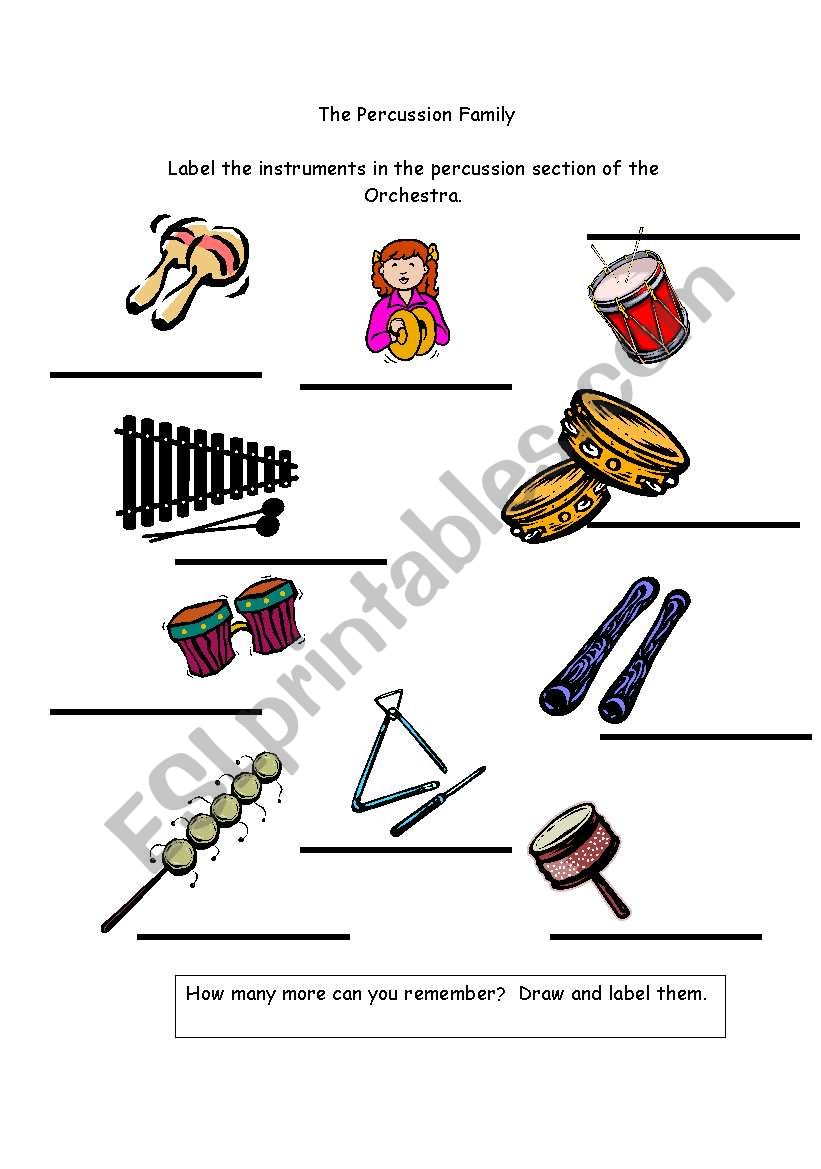 English worksheets Percussion work sheet