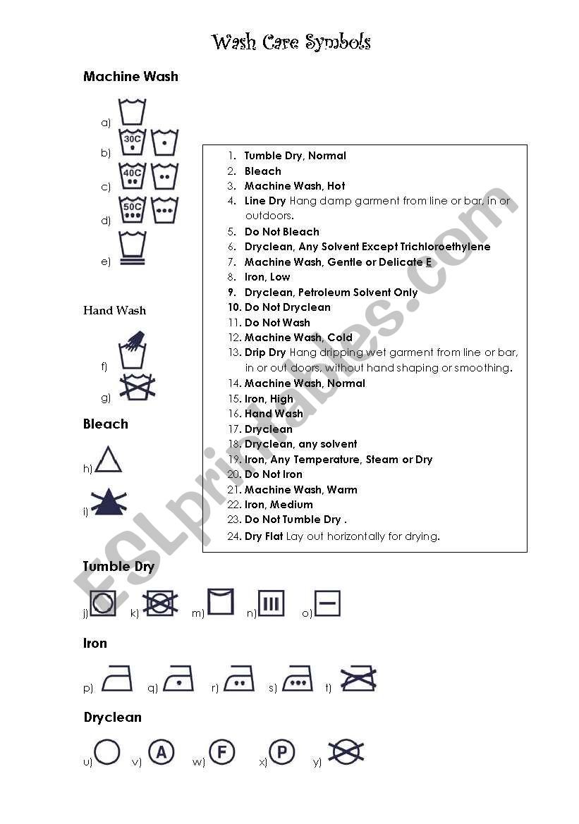 Wash care symbols worksheet
