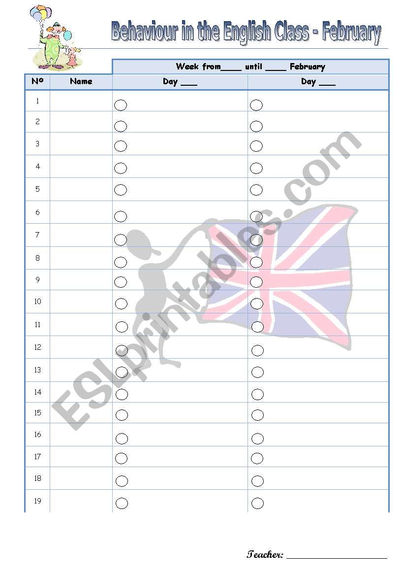 Behaviour chart 2 worksheet