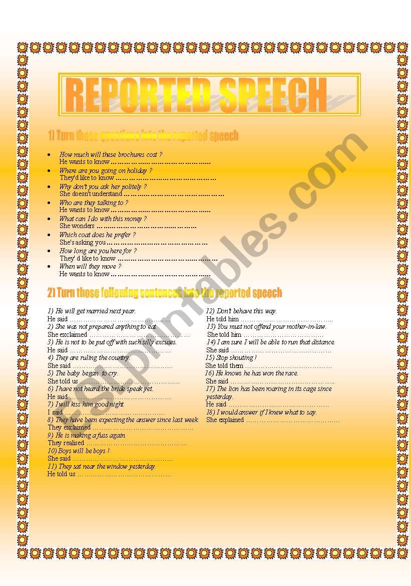 REPORTED SPEECH worksheet