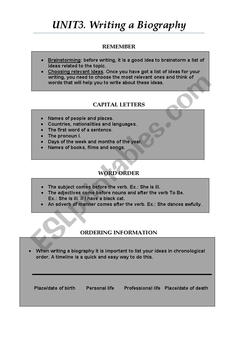 WRITING A BIOGRAPHY worksheet