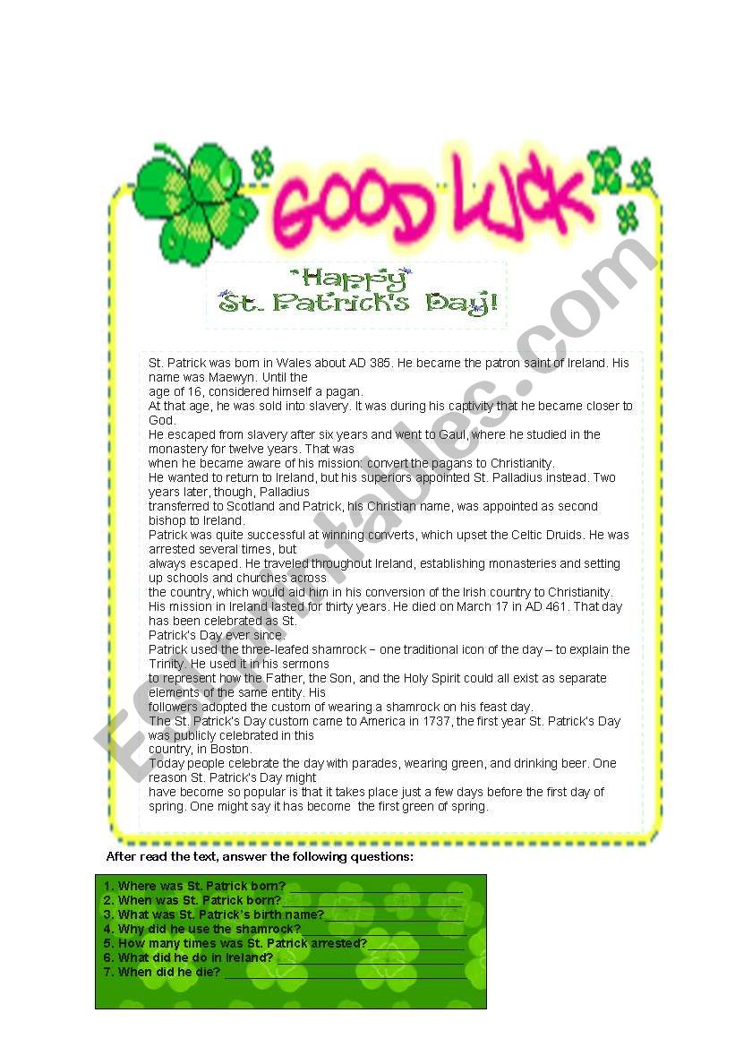 St. PatrickÂ´s worksheet worksheet
