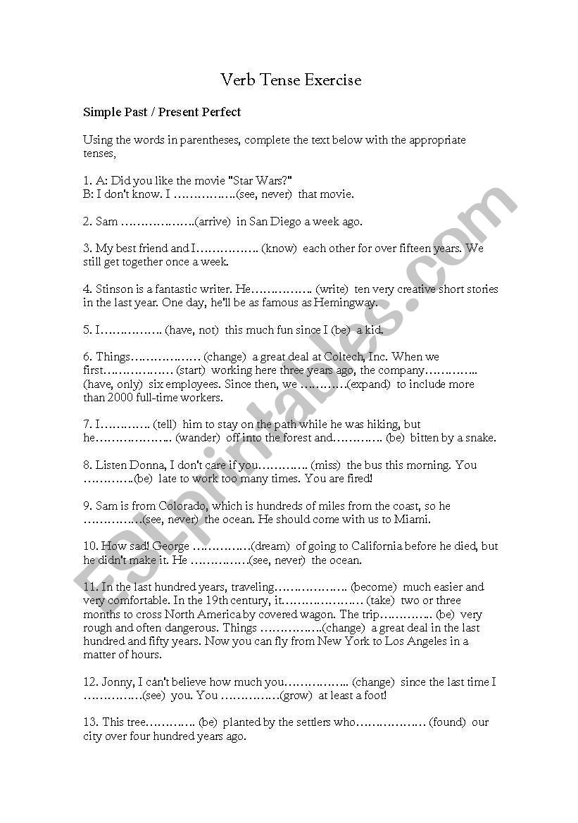 verb tenses worksheet