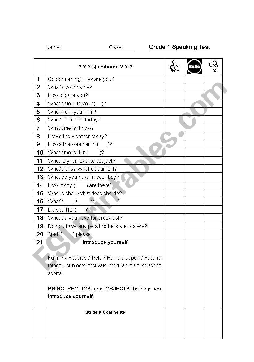 Speaking test - Elementary worksheet