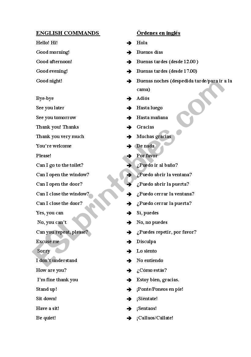 Commands worksheet