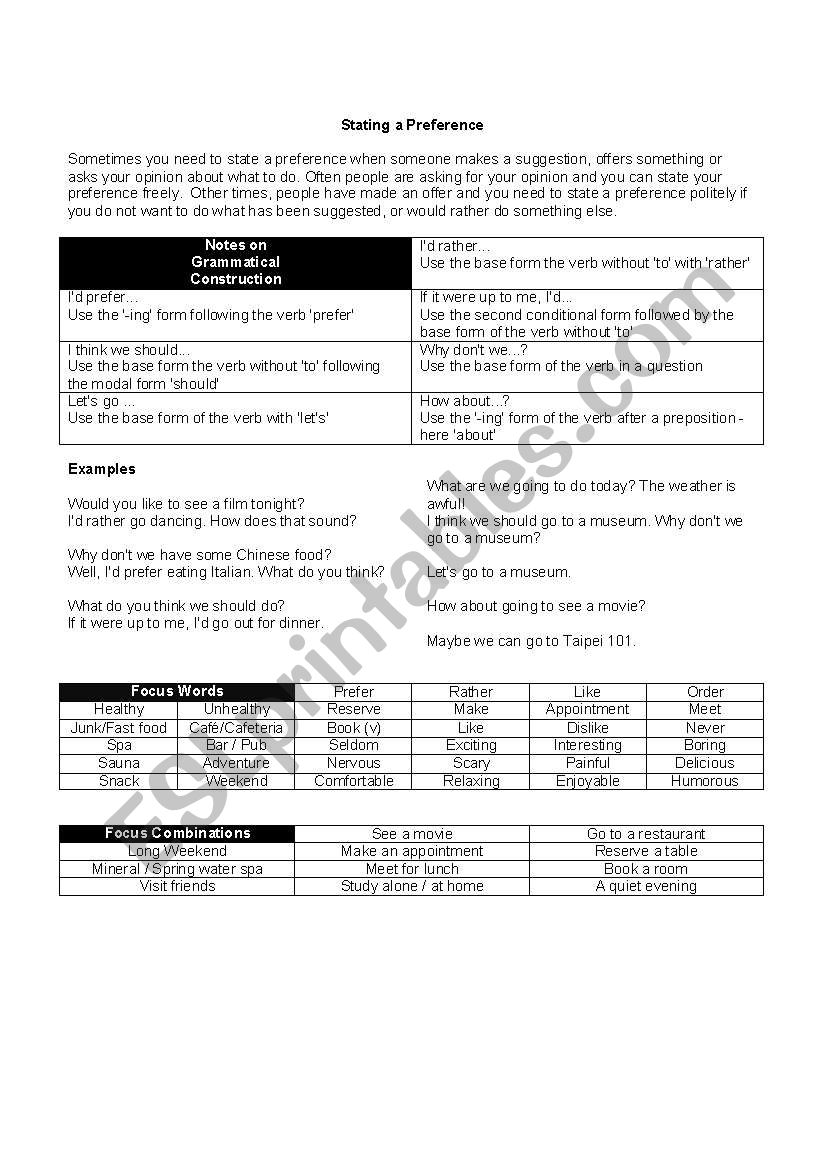 Stating Preferences worksheet