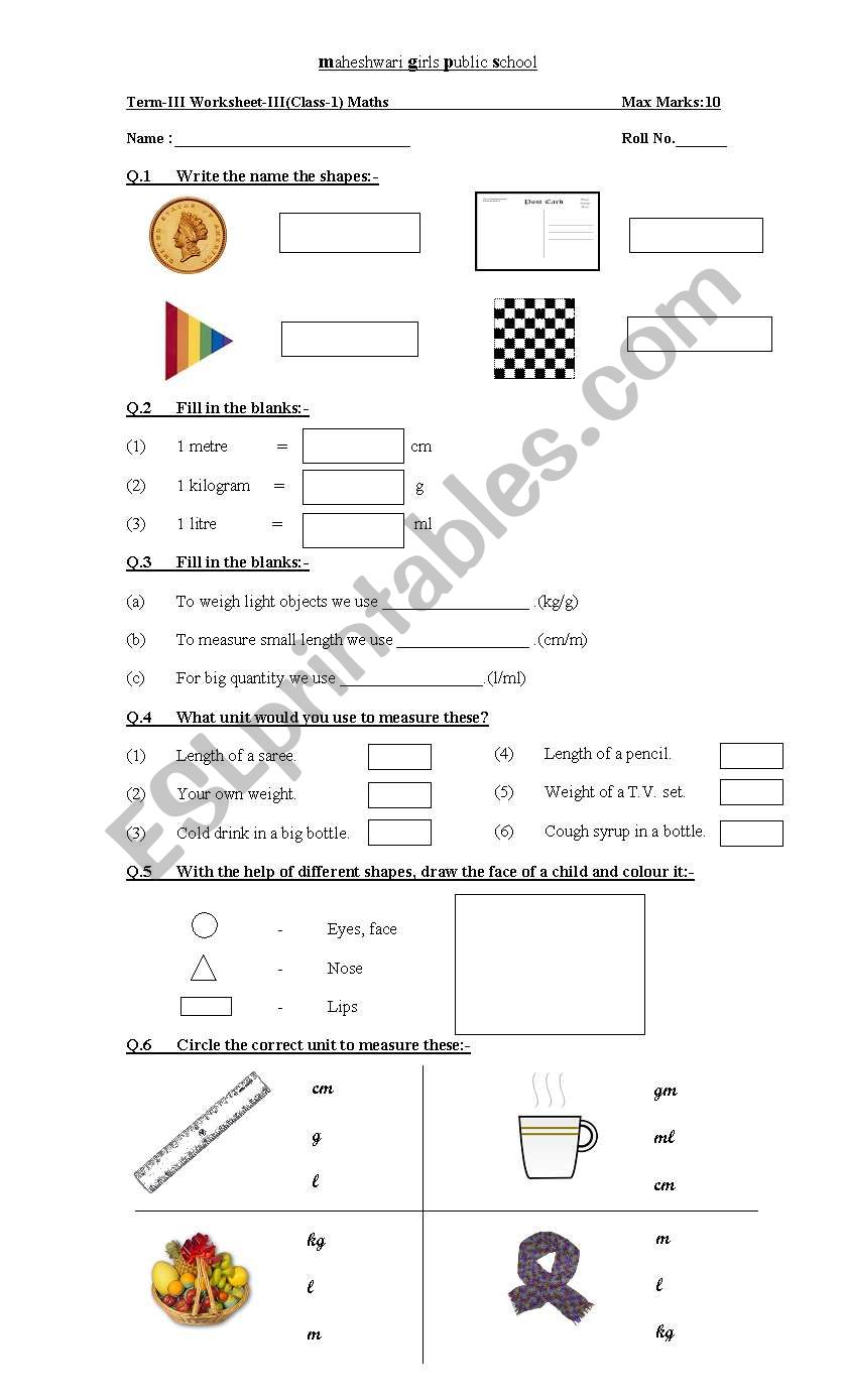 Shapes and measurement worksheet