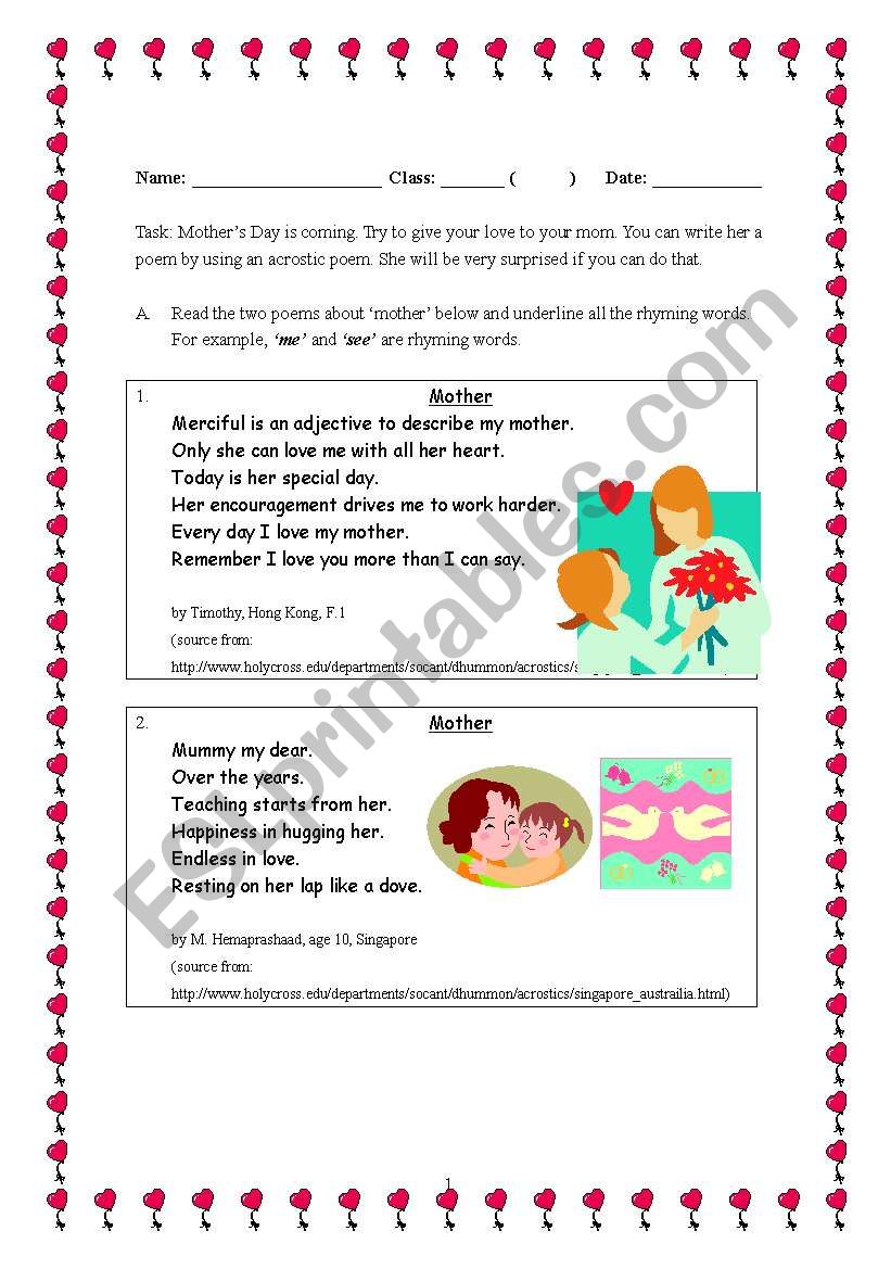 Mother S Poem Esl Worksheet By Karencheng