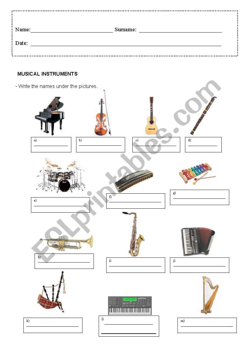 Musical instruments worksheet