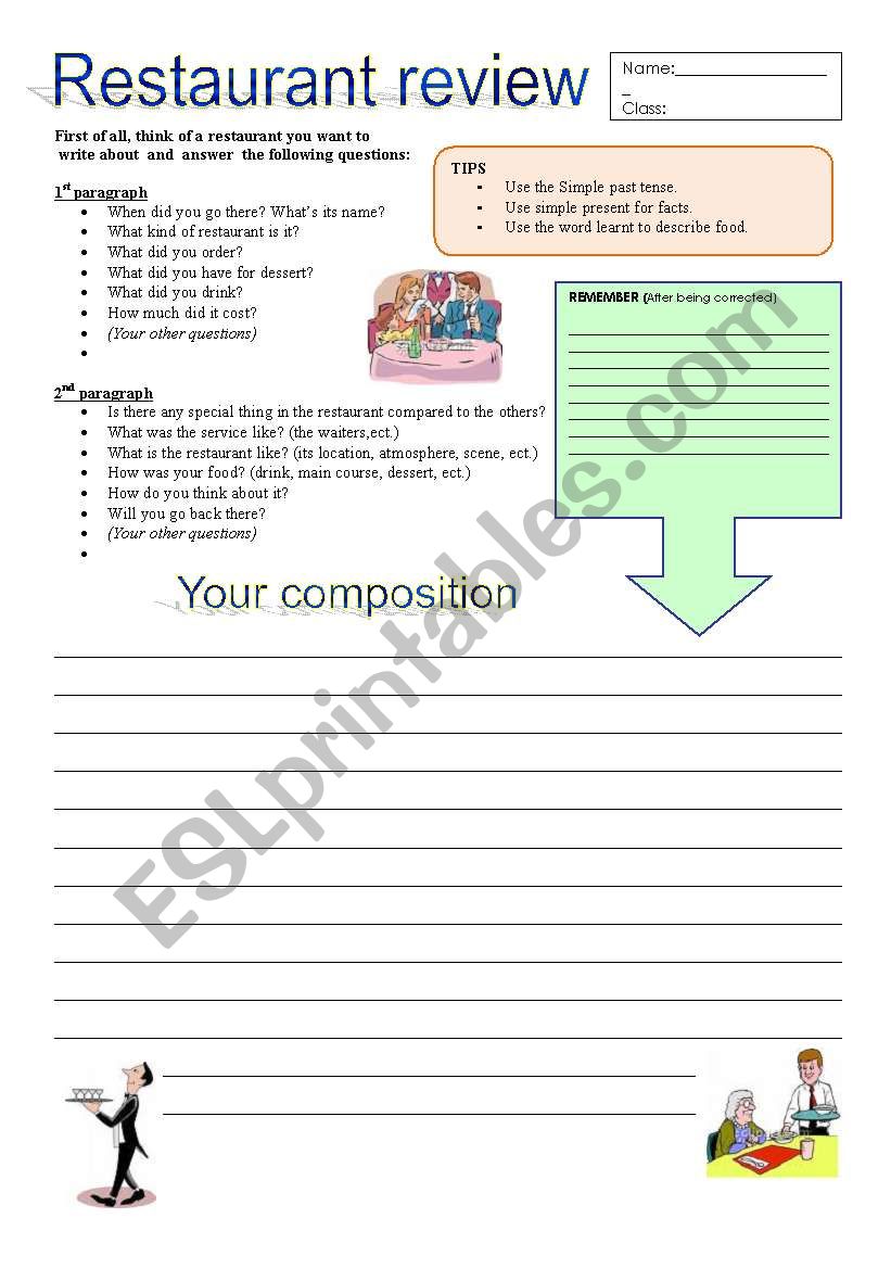 Writing - Restaurant review - ESL worksheet by phnhu13