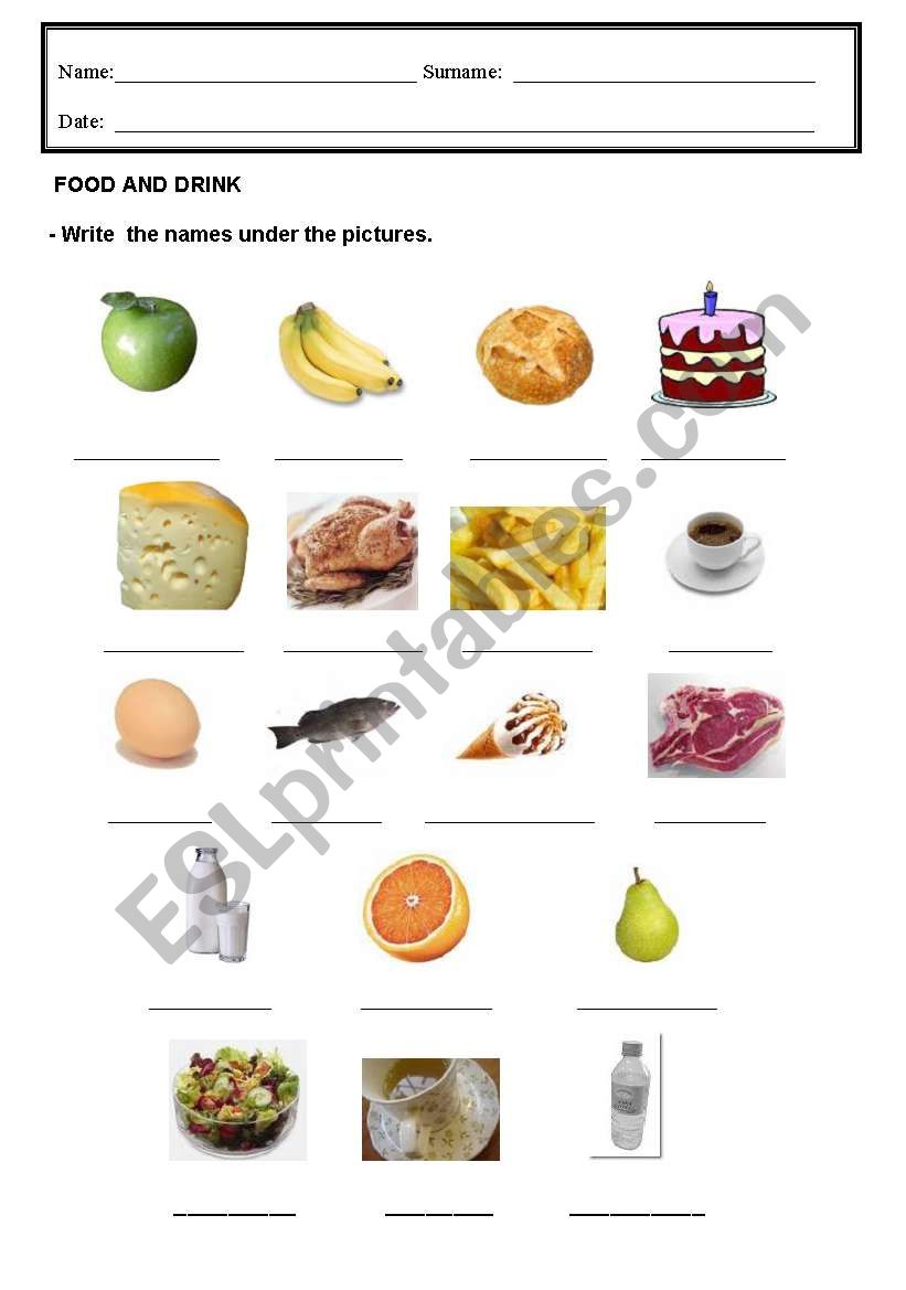 Food and drink worksheet