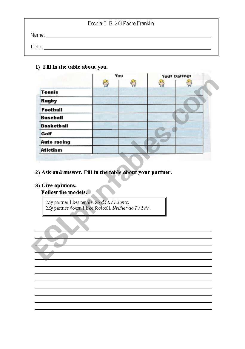 Likes and dislikes worksheet