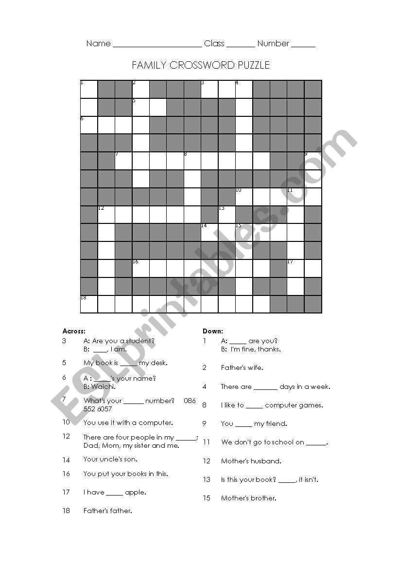 family crossword worksheet